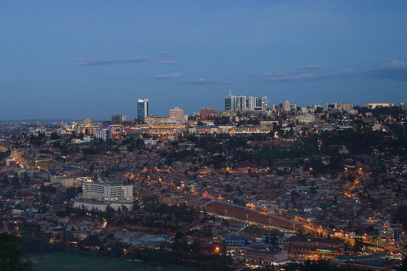 Kigali city centre lights at dusk, Rwanda