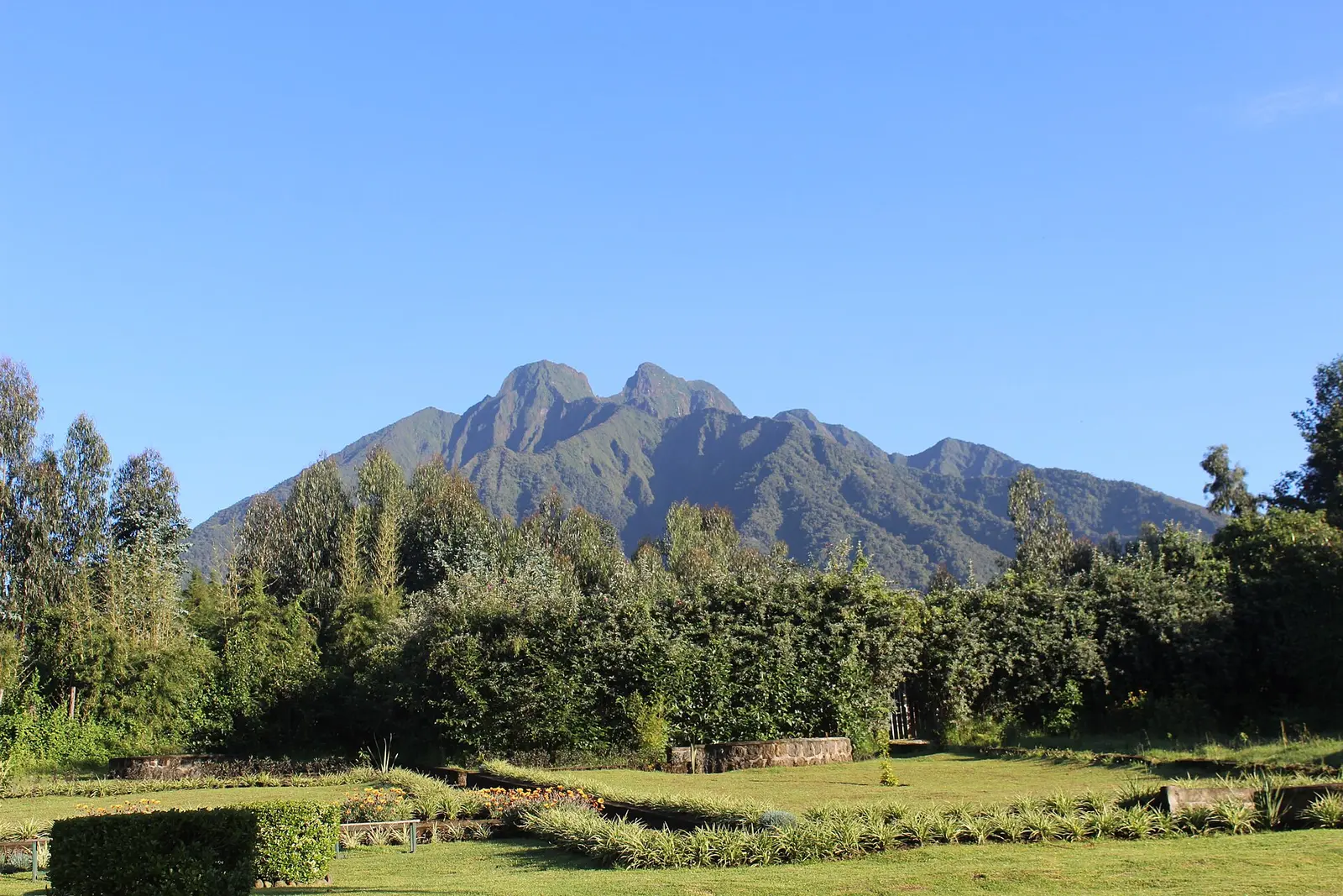 Rwanda Development Board park headquarters at Kinigi, with Sabyinyo volcano behind